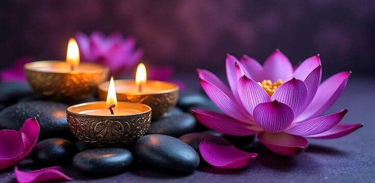 Lit tealight candles and purple lotus flower on dark stones purple flower