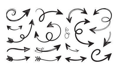 Fototapeta premium Hand drawn arrows collection, black direction pointers, navigation elements, sketch 