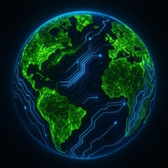 Earth at Night Wrapped in Bioluminescent Greenery and Neon Circuit Lines Showing Global Connectivity and Clean Energy Flow