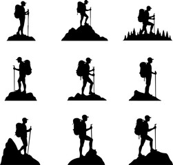 Mountain Hiking Bikers Riding Silhouettes Set vector bundle