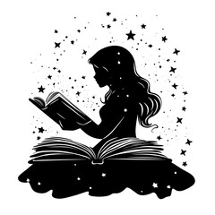 Silhouette of a girl reading a book surrounded by stars with copy space for educational design
