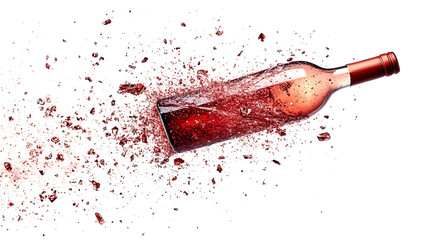 Shattered wine bottle with splintered glass and liquid explosion on white background creating dynamic art full of drama and intensity