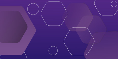 Futuristic abstract background with hexagonal and circular shapes in a gradient purple-blue color scheme. Modern geometric design for tech and business use.