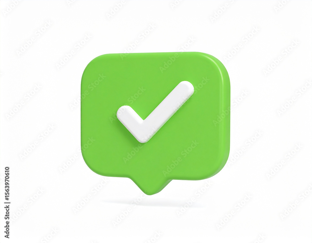 Poster 3d green check mark icon within a rounded square notification bubble representing approval and verif