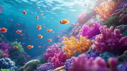 Fototapeta premium Colorful angelfish swimming beside glowing red corals underwater high resolution picture