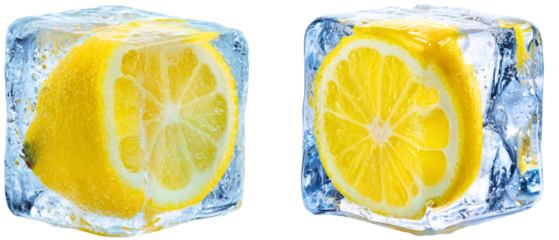 set of 2 artificial lemon frozen inside ice cubes isolated on white (transparent) background; creative element 4 showing freshness, delicious fruity taste, healthy juice / cooling beverage ingredient