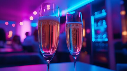 Two champagne glasses filled with bubbly drink on a table in a vibrant, colorful bar or lounge setting with blue and purple lighting.