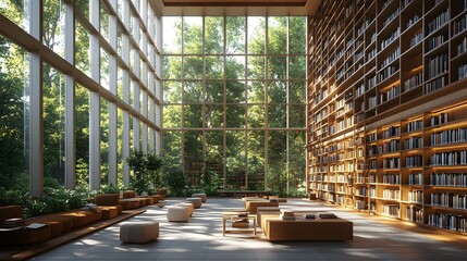 Modern library interior: sunlit atrium, floor-to-ceiling windows, wooden bookshelves, tranquil seating area.