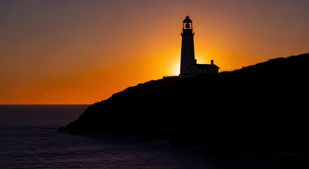 Lighthouse on cliff edge silhouetted against vibrant sunset sky by the ocean.

