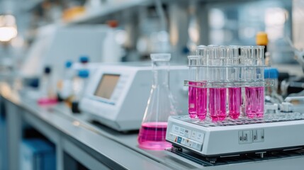 Bright pink solutions are present in multiple test tubes on a laboratory table. High-tech equipment and glassware are also visible, indicating active scientific research
