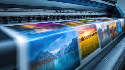 A large-scale printer in action, producing colorful landscape prints. The machine is equipped with advanced technology for high-quality output in a professional studio