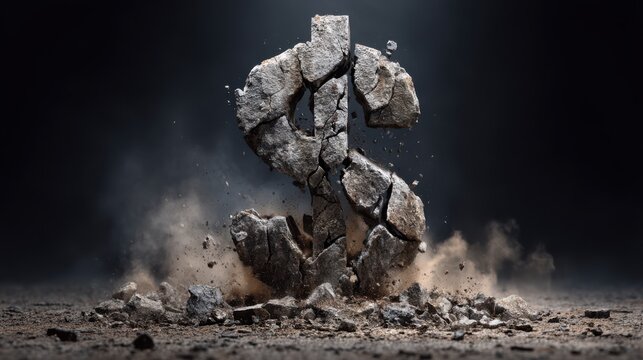 A large dollar symbol made of cracked stone rises from the ground amidst a cloud of dust and debris, symbolizing financial upheaval and the fragility of wealth in uncertain times