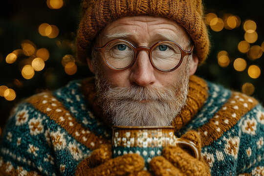 Elderly man holding a Christmas mug and looking thoughtful in winter  