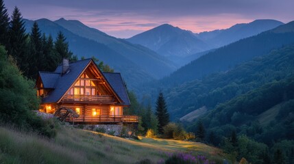 Obraz premium A cozy wooden cottage glows with warm light as dusk settles in. The surrounding mountains create a tranquil backdrop, enhancing the peaceful atmosphere of this beautiful retreat