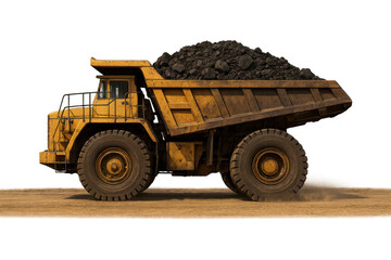 Obraz premium Coal Truck in Dusty Road Dump Truck Loaded with Coal Moving Through Dry Dirt Road Landscape PNG Die-Cut For Advertising