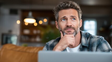 Obraz premium A man with a beard poses thoughtfully while looking away from his laptop in a comfortable living room. Natural light fills the cozy space, creating a warm atmosphere