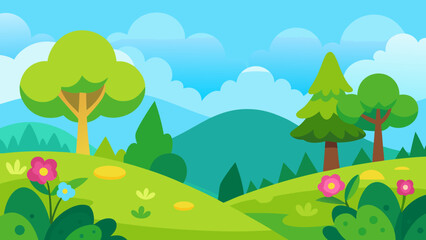 Naklejka premium Vibrant cartoon landscape with rolling green hills and colorful trees under a blue sky