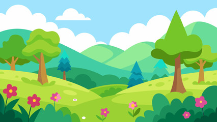 Obraz premium Vibrant cartoon landscape with rolling green hills trees and flowers under a blue sky