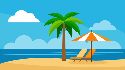 Tropical beach scene with palm tree umbrella and lounge chairs