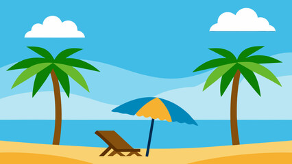 Tropical beach scene with palm trees lounge chair and umbrella