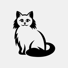 Fluffy sitting cat icon in black and white with long tail
