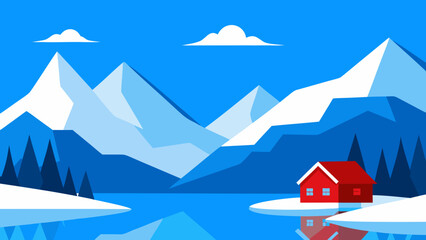 Naklejka premium Cozy red cabin nestled beside a serene lake with snow capped mountains