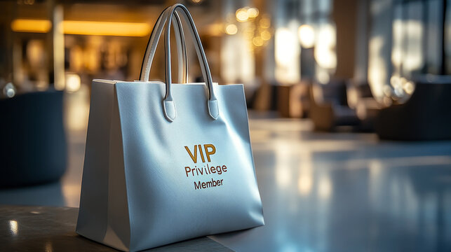 A stylish gray VIP shopping bag with "Privilege Member" text sits on a table in a softly lit, modern indoor space.