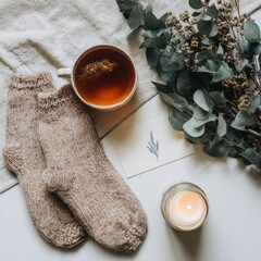 Warm winter self-care kit with herbal tea for a cozy holiday mood