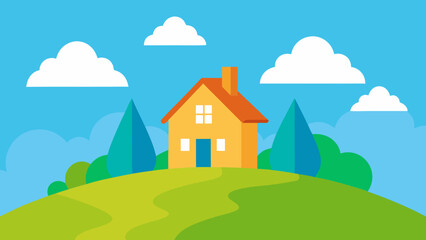 Fototapeta premium Charming yellow house sits on a green hill under a blue sky with clouds