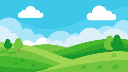 Obraz premium Vibrant green rolling hills under a bright blue sky with fluffy white clouds