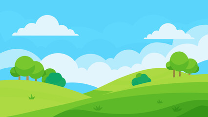 Fototapeta premium Bright sunny day with rolling green hills and fluffy white clouds