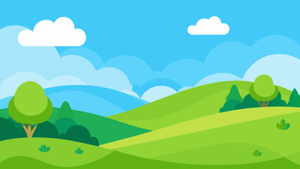 Obraz premium Stylized cartoon landscape with rolling green hills and fluffy white clouds