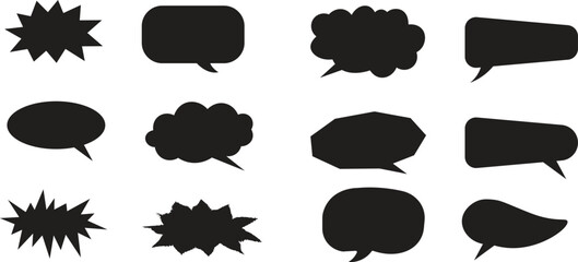 Set of black comic speech bubble silhouettes in various shapes for pop art and cartoon dialogue. Ideal for stickers, comics, graphic design, meme templates, and retro-style illustrations.