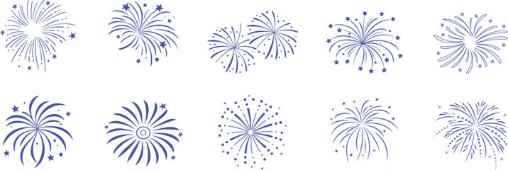 Vector set of decorative fireworks icons in blue. Perfect for celebrations, holidays, or party designs. Includes starburst, sparkle, and festive explosion illustrations on white background.