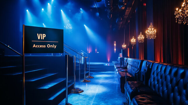 Luxurious VIP lounge with blue lighting, velvet seating, chandeliers, and a sign indicating exclusive access.