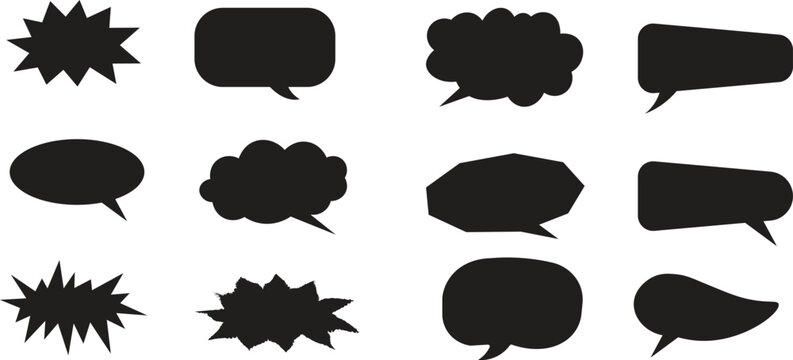Set of black comic speech bubble silhouettes in various shapes for pop art and cartoon dialogue. Ideal for stickers, comics, graphic design, meme templates, and retro-style illustrations. - Powered by Adobe