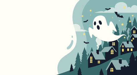Fototapeta premium Friendly ghost flying above houses and forest at night, for Halloween with copy space