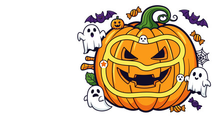 Fototapeta premium Orange pumpkin maze game with ghosts, bats and candy for Halloween