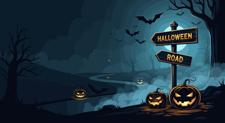 Road sign shows direction to Halloween, with pumpkins and bats in night scene