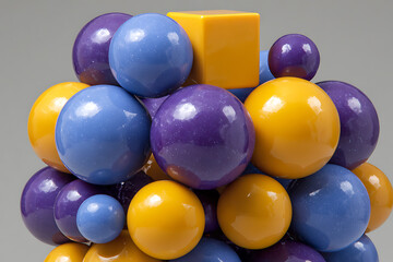 Vibrant spherical and cubic objects in blue purple and yellow spheres cubes