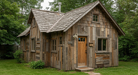 "Rustic Wooden House with Shingle Roof in a Green Garden"