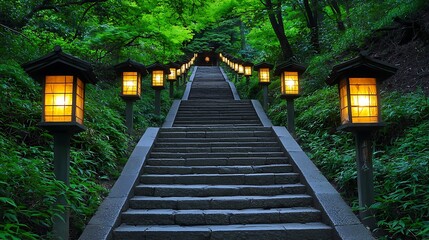 Dark and atmospheric stone steps showing signs of age, faintly glowing under the flicker of antique lanterns leading to a temple
