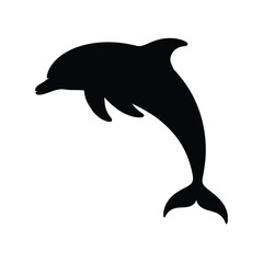 Black silhouette of a dolphin leaping out of the water on a white background