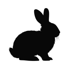 Black silhouette of a fluffy rabbit sitting on a white background