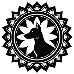 Dog Silhouette with Floral Mandala Pattern A Striking Black and White Emblem Design