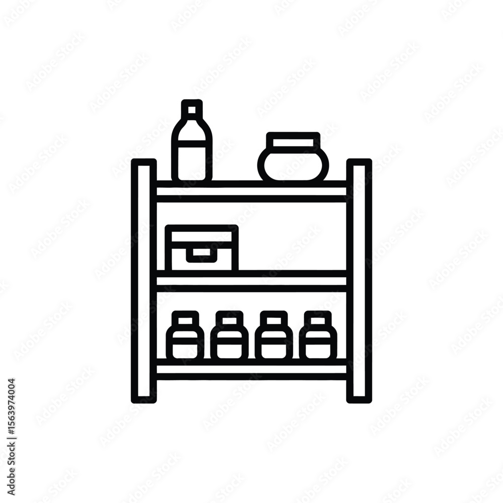 Poster clean line art icon of a three tiered shelf unit with various containers