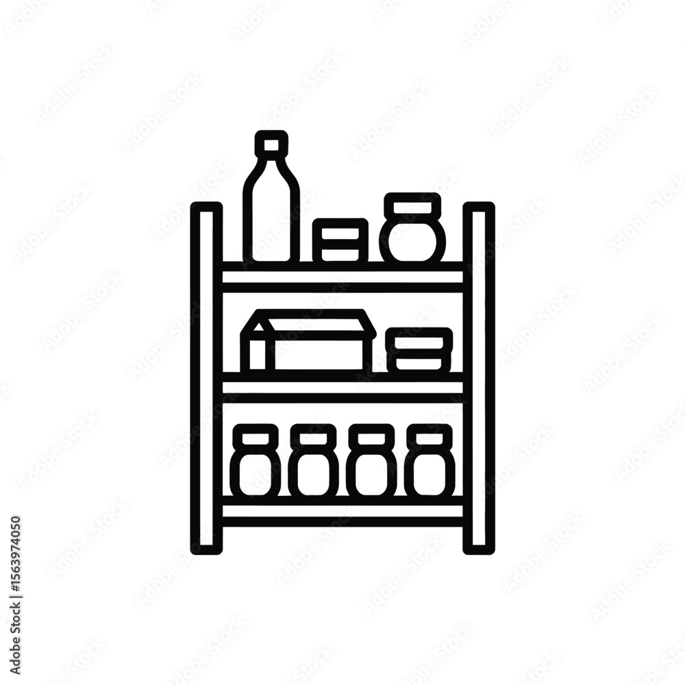 Poster simple line art icon of a three tiered shelf with assorted items