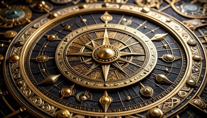 Obraz premium Ornate Celestial Compass: A Masterpiece of Intricate Gold and Dark Metalwork