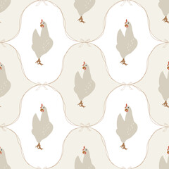 Chickens vector seamless pattern in rustic retro style. Cute domestic birds with ribbon bows ornament for textile design, wrapping, scrapbooking, background. Hand drawn illustrations
