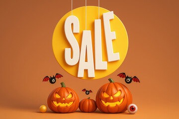 Eye Catching Halloween Sale Promotion with Pumpkins and Bats on Orange Background A Festive Display for Seasonal Discounts and Offers